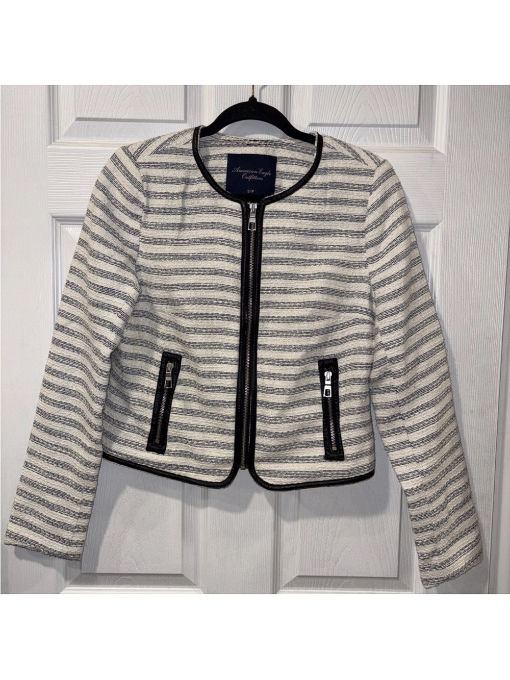 American Eagle Outfitters Striped Zip Up Blazer Cream and Navy with Trim Small